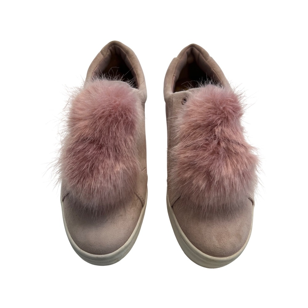Sam Edelman Leya Pink Suede Faux Fur Pom‎ Pom Slip On Platform Sneakers Size 7.5